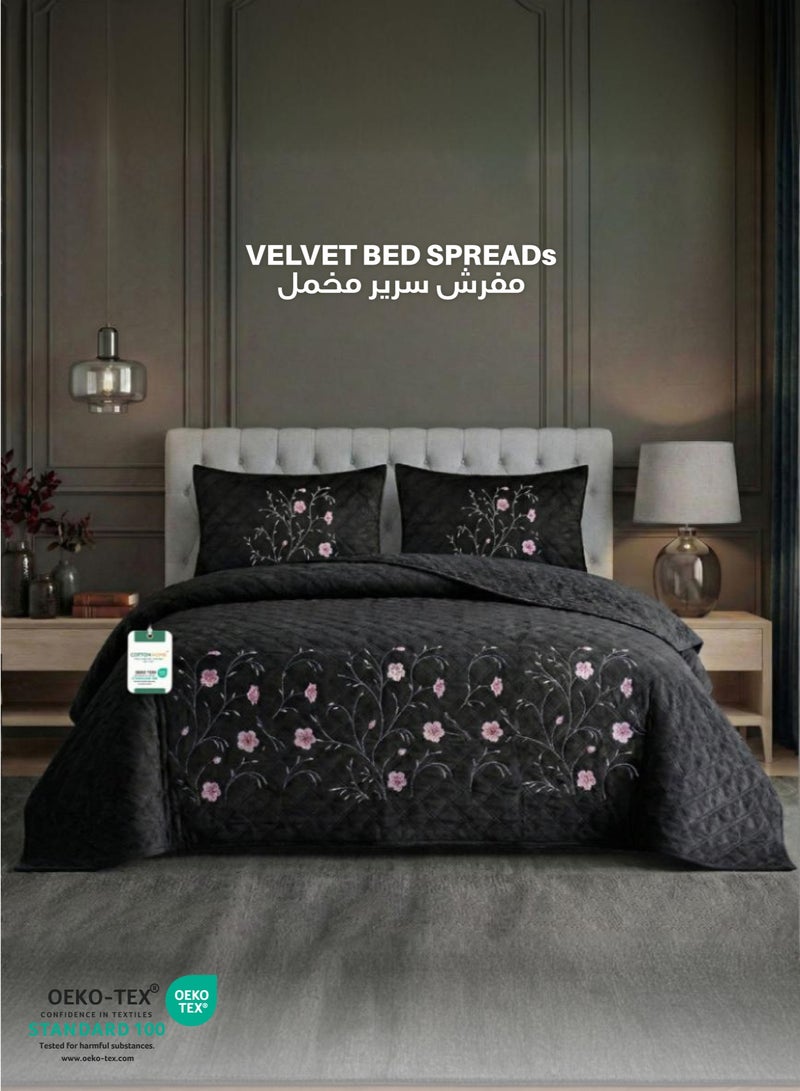 كوتون هوم Cotton Home Velvet Quilt Set 3-Piece Diamond Quilted Bedspread Set 220×240cm with two pillow case Black - Image 1